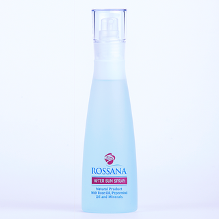 Rossana after-sun spray bottle on a light purple background
