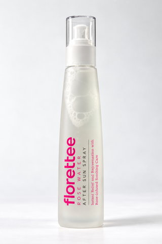 Florettee After sun spray glass bottle with pink text on white background