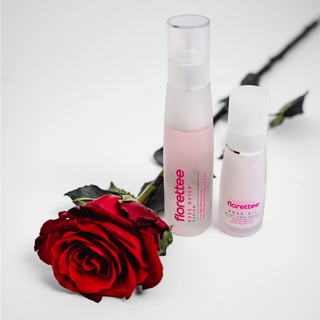 Florettee Rose Water Fusion and Rose Oil Night Face Cream with a red rose on white background