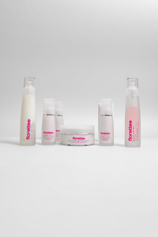 Florettee rose oil skincare collection featuring Rose Water Fusion, face creams, serum and Hand & Body Cream.
